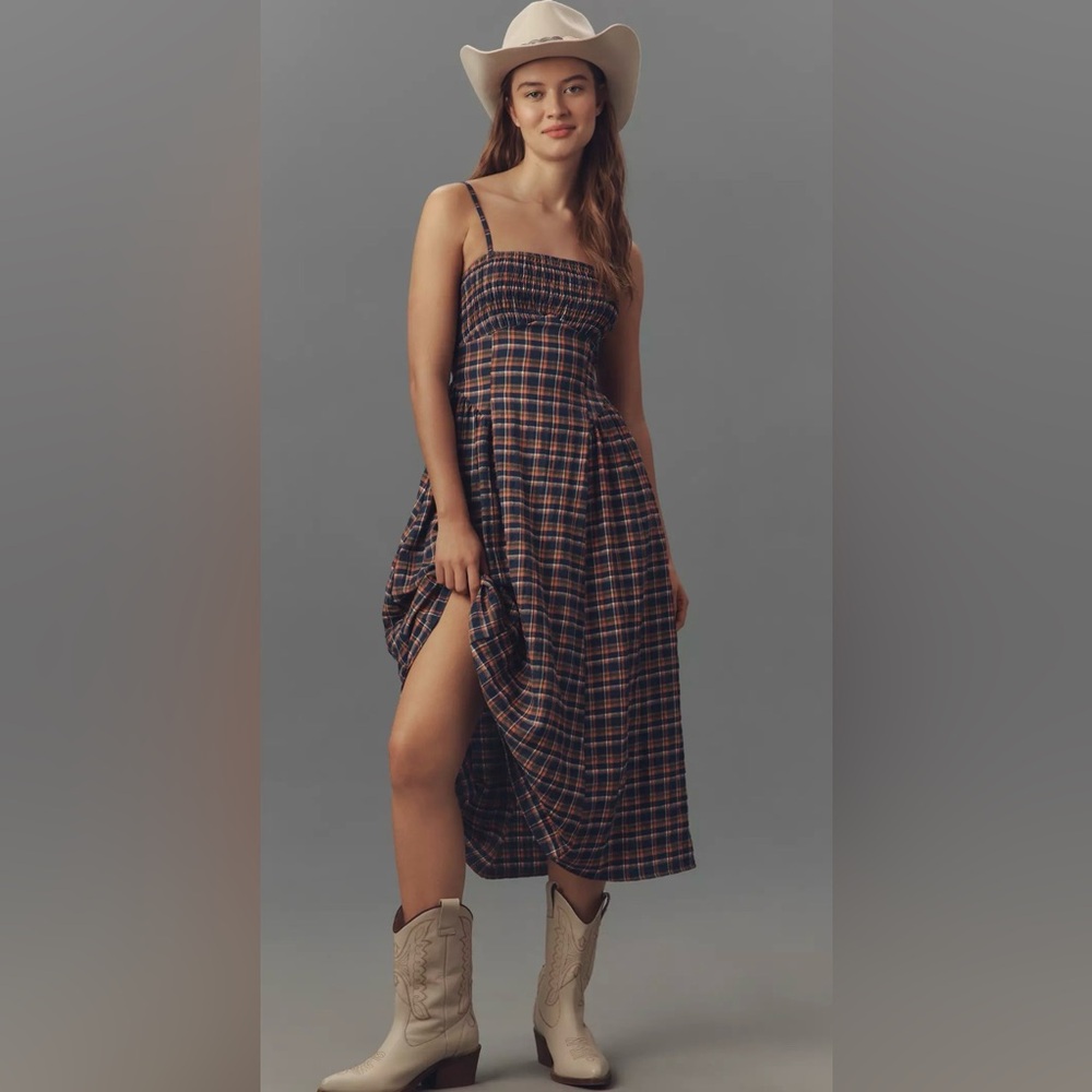Anthropologie Pilcro Plaid Smocked Midi Dress NWT Navy Orange Cottagecore